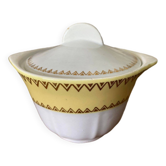 Sugar bowl or candy dish in white earthenware with yellow and gold frieze decoration
