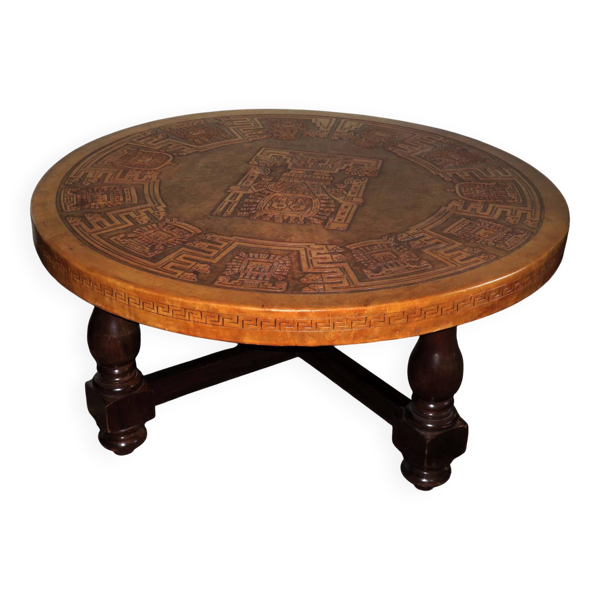 Table basse en cuir design Inca, Angel Pazmino, Équateur, années 1970 — Beyit