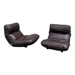 2 chauffeuses Marsala plexiglas & cuir marron patchwork, Ligne Roset 1970