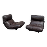 2 Marsala armchairs in plexiglass & brown patchwork leather, Ligne Roset 1970