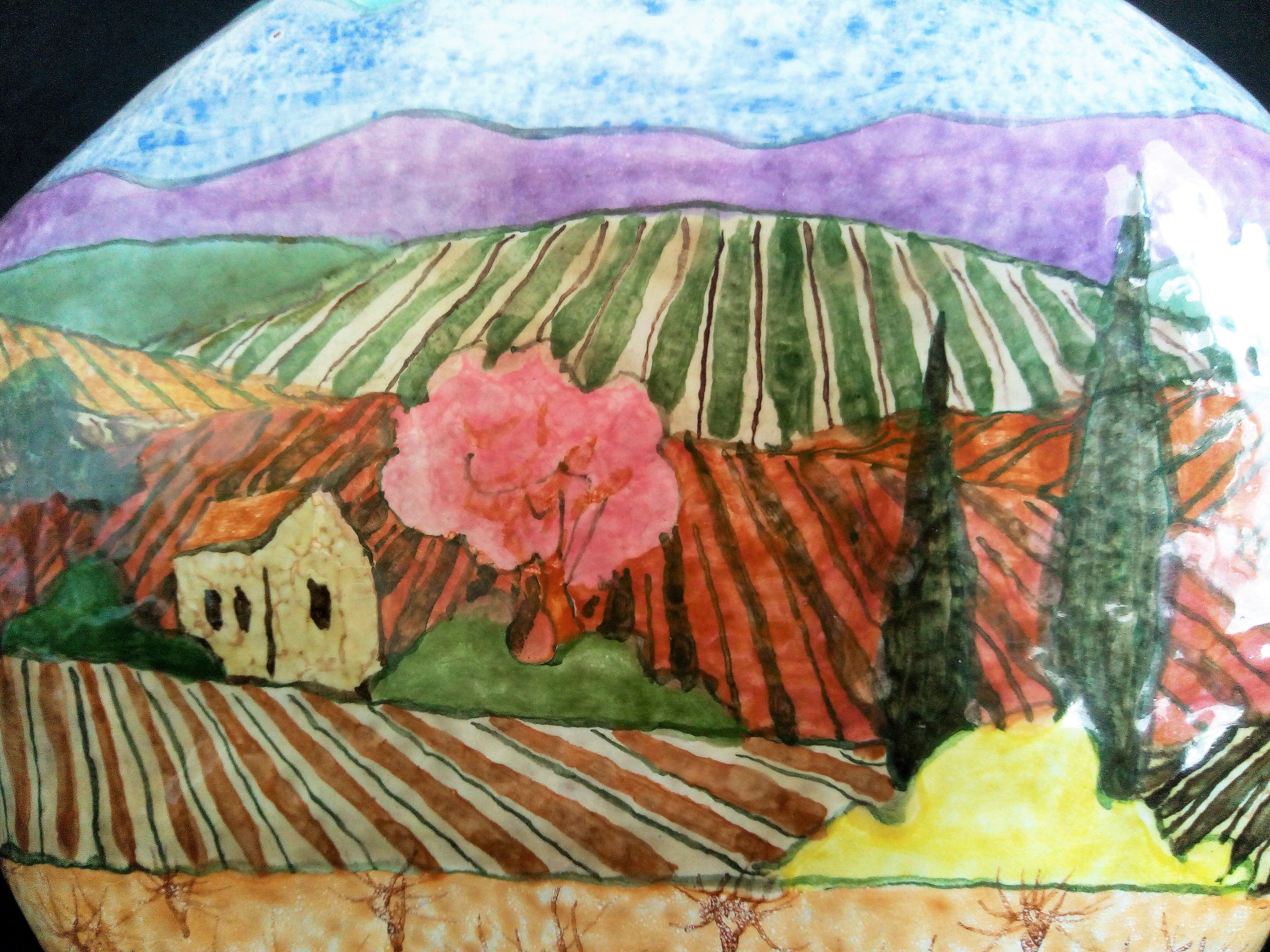 Vase Art Déco en grès, peint à la main d'un paysage champêtre