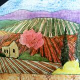 Art Deco stoneware vase, hand-painted with a country landscape