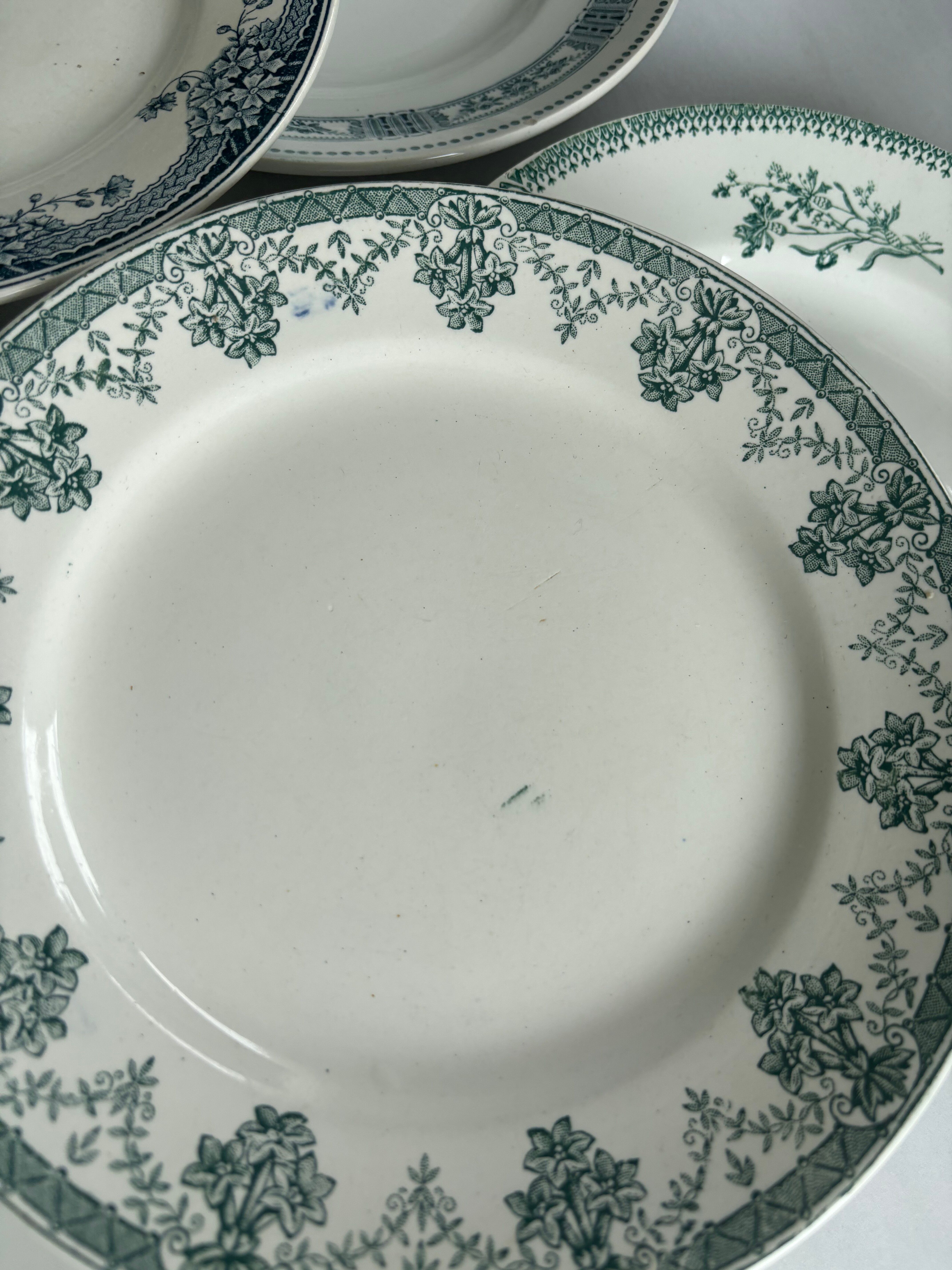 Lot 6 blue and green ironstone plates, antique French earthenware.