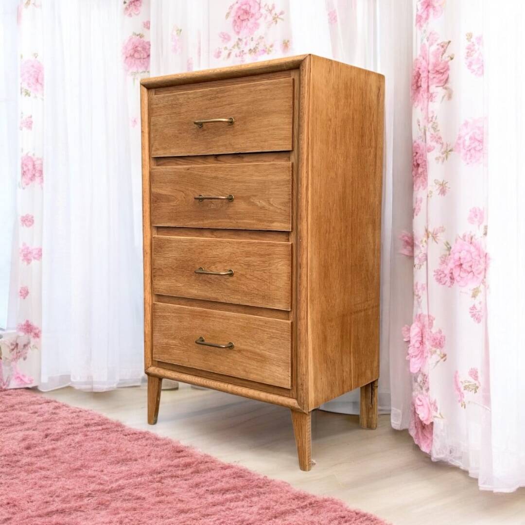Chest of drawers with compass feet, raw wood, 1950s