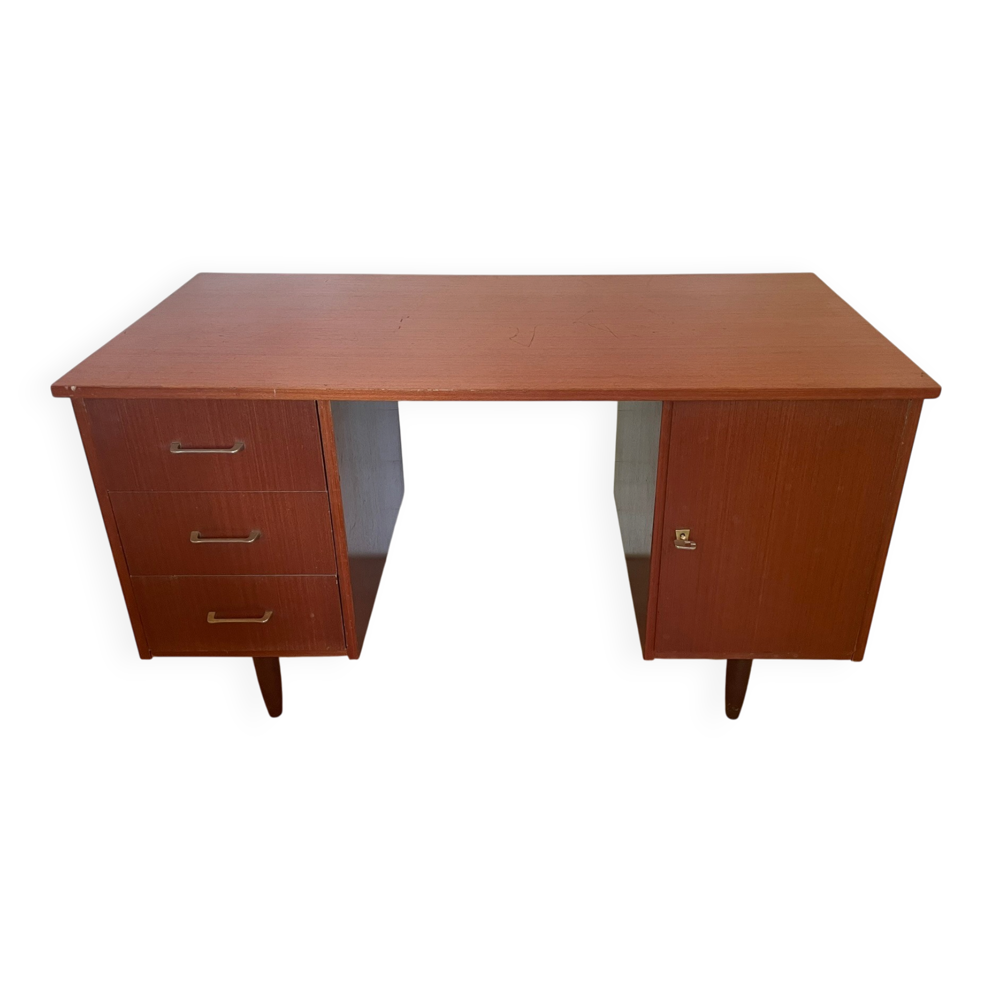 Bureau Double Caisson Vintage Capelle - Années 60 Teck/Acajou
