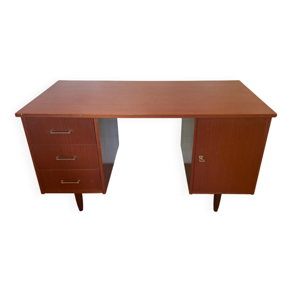 Bureau Double Caisson Vintage Capelle - Années 60 Teck/Acajou