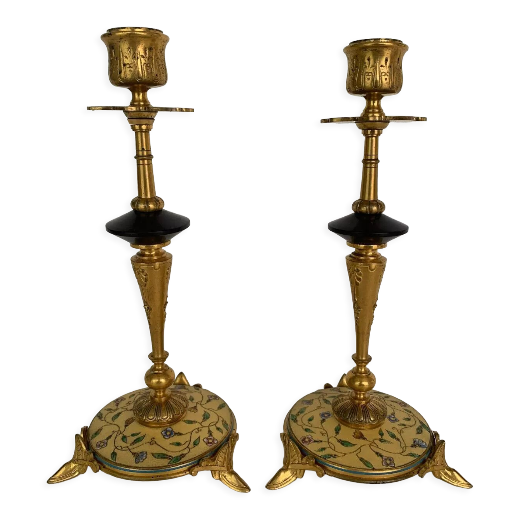 Pair of candlesticks Napoleon III in bronze cloisonné XIXth Barbedienne