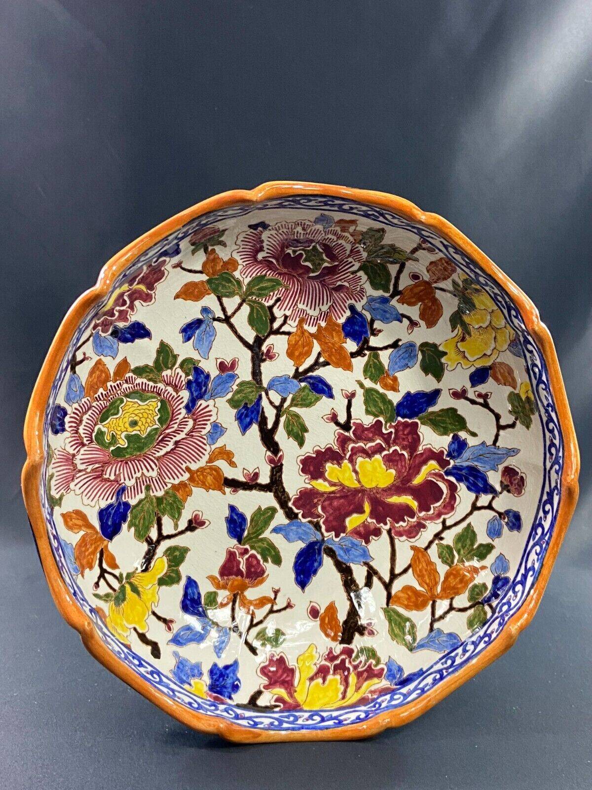 Deep dish, centerpiece, melonnière bowl in Gien earthenware, Peonies decor