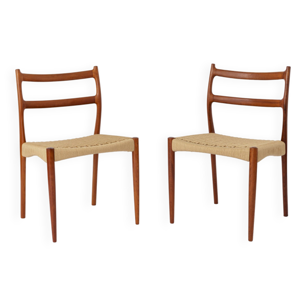2 chaises Søren Ladefoged, teck, années 1960, siège en corde de papier, chaises de salle à manger, lot de 2