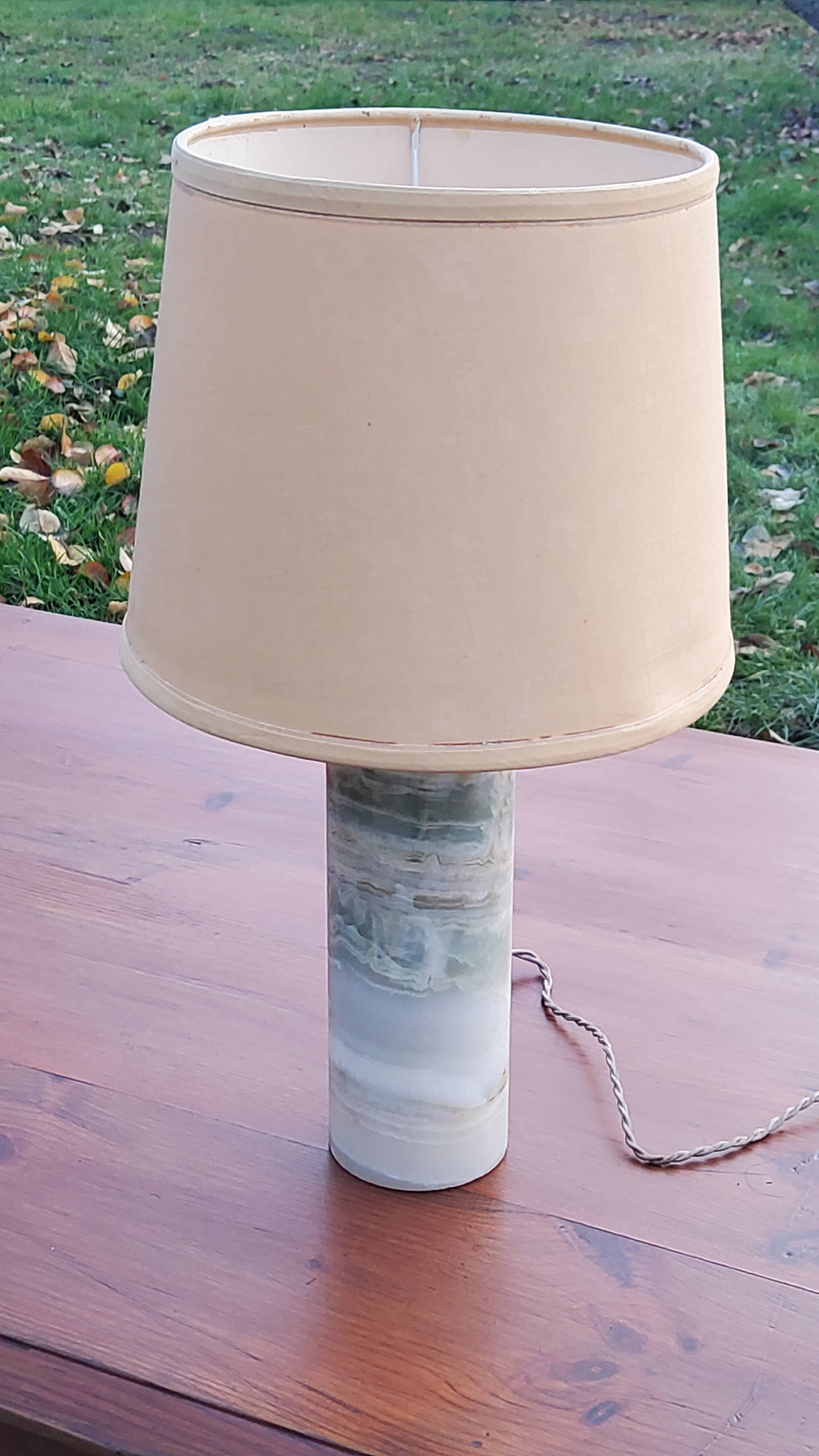 Designer lamp from the 70s in almond green onyx with original fabric shade