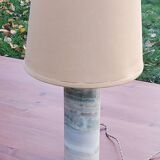 Designer lamp from the 70s in almond green onyx with original fabric shade