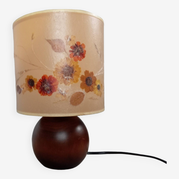 table lamp with dark wooden ball base, herbarium lampshade, vintage 1970
