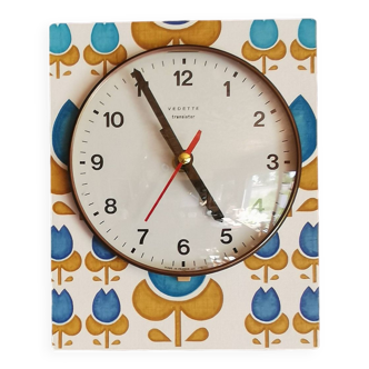 Horloge formica vintage pendule murale silencieuse rectangulaire "Vedette fleurs bleues"
