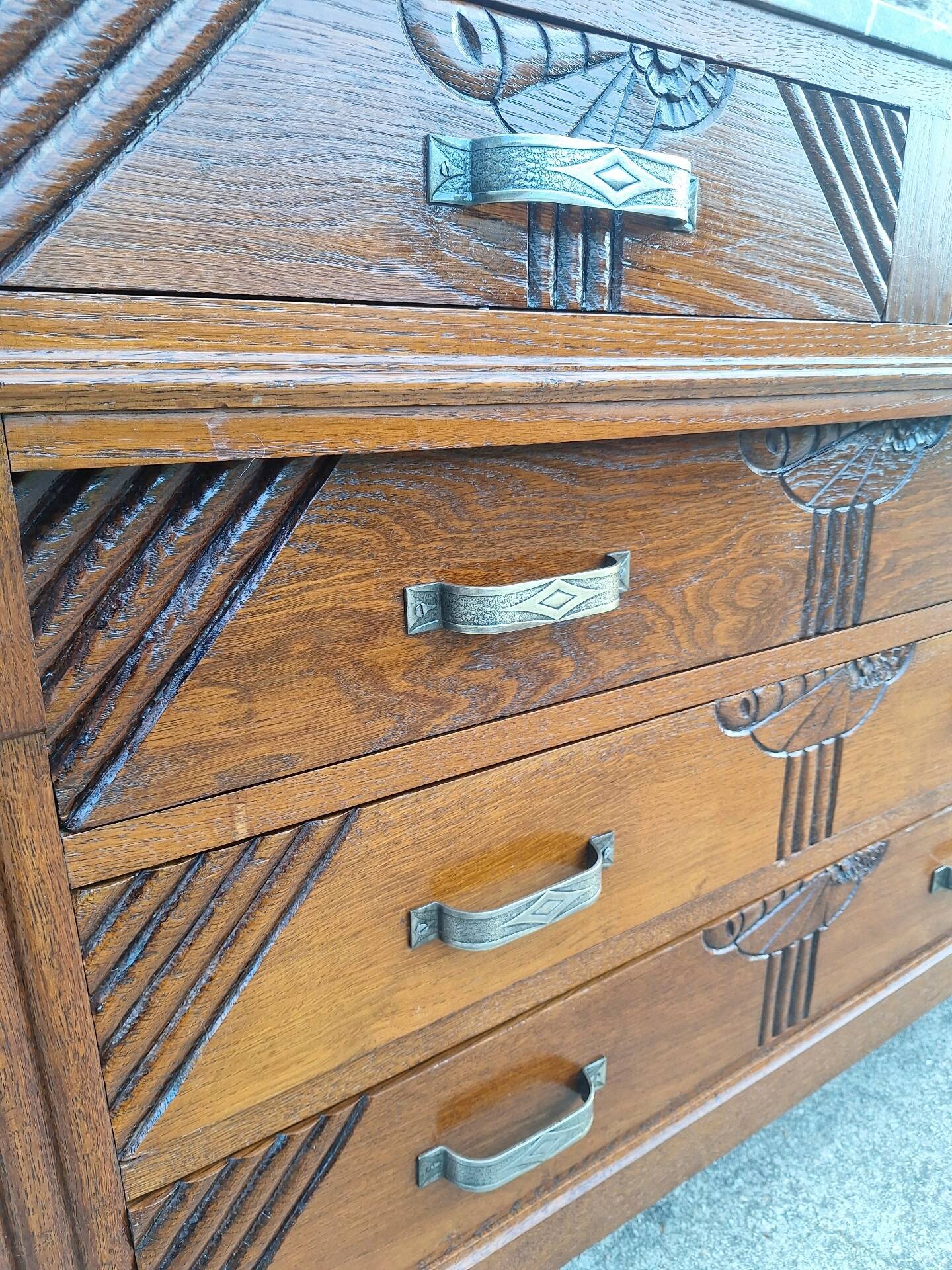 Art Deco commode with marble top, vintage antique furniture.