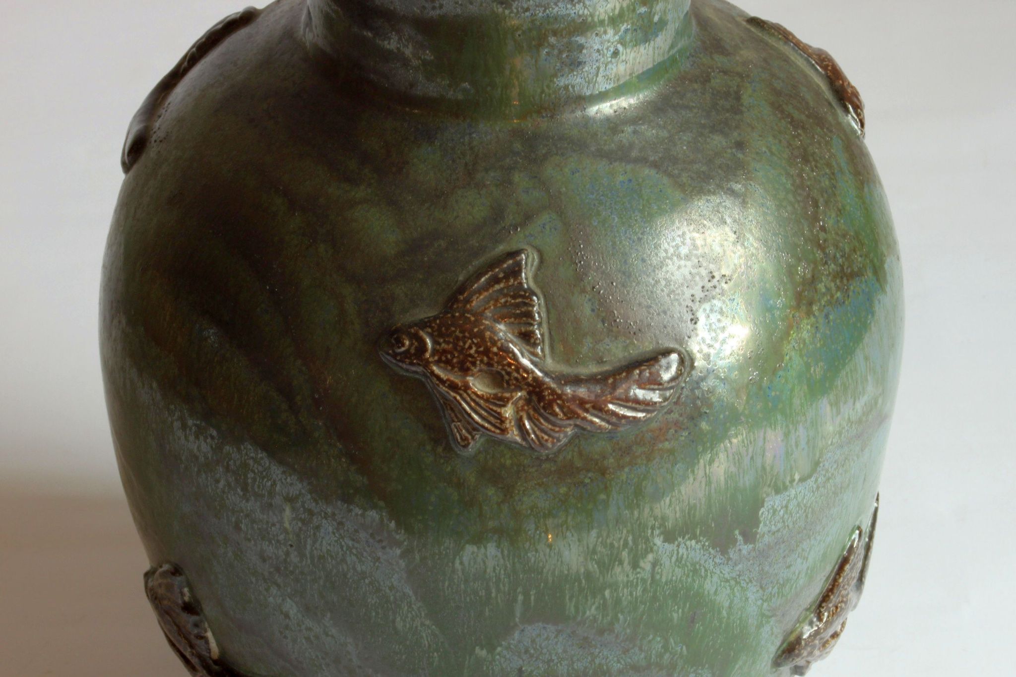 Art Deco Stoneware Vase with Fish Reliëf by Roger Guerin, Belgium, 1920s
