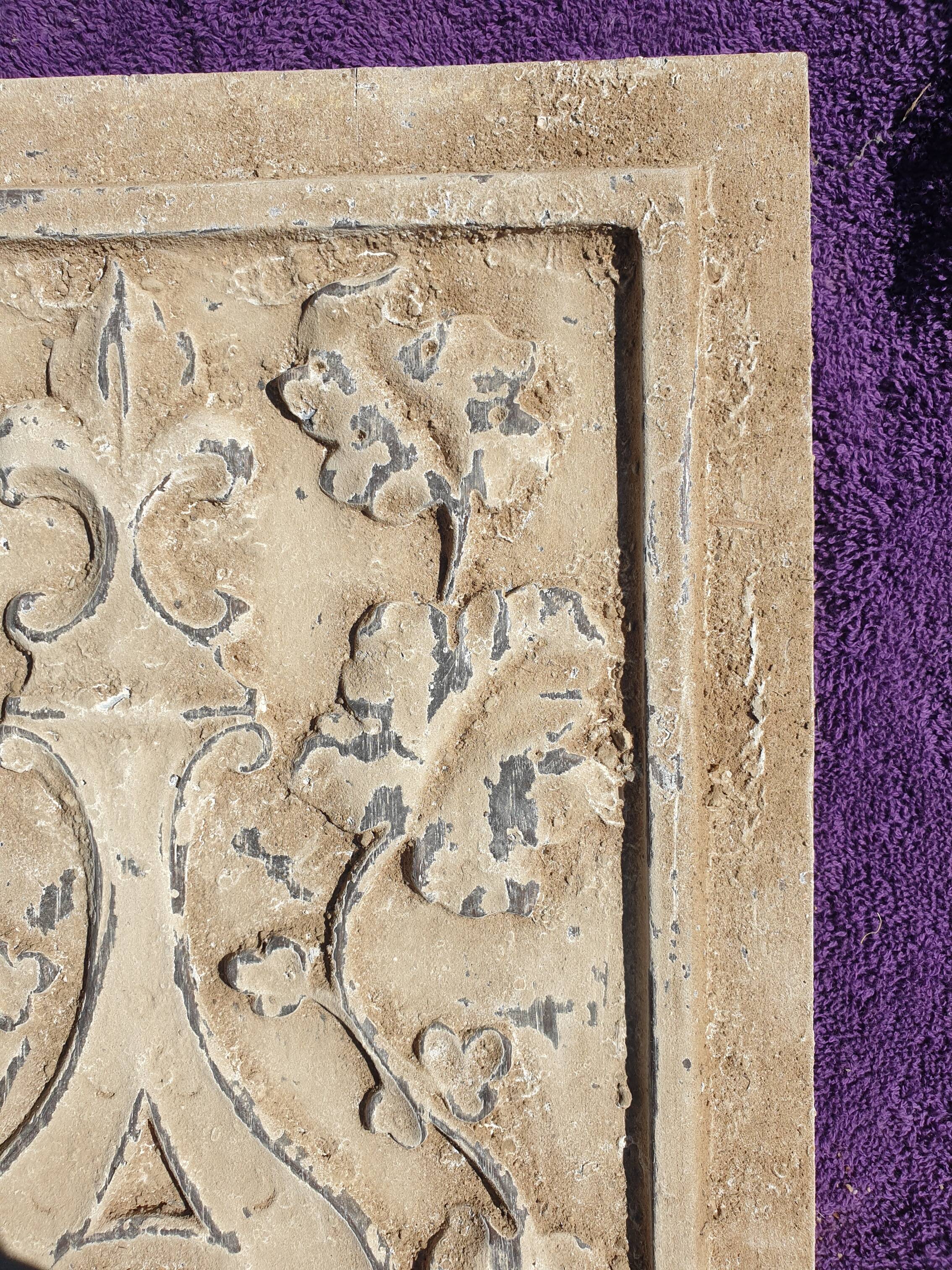 Polychrome carved wooden panel, wall element, old object