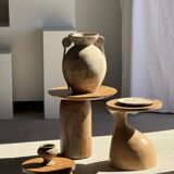 Mini minimalist stool with ball feet in teak H15 D35