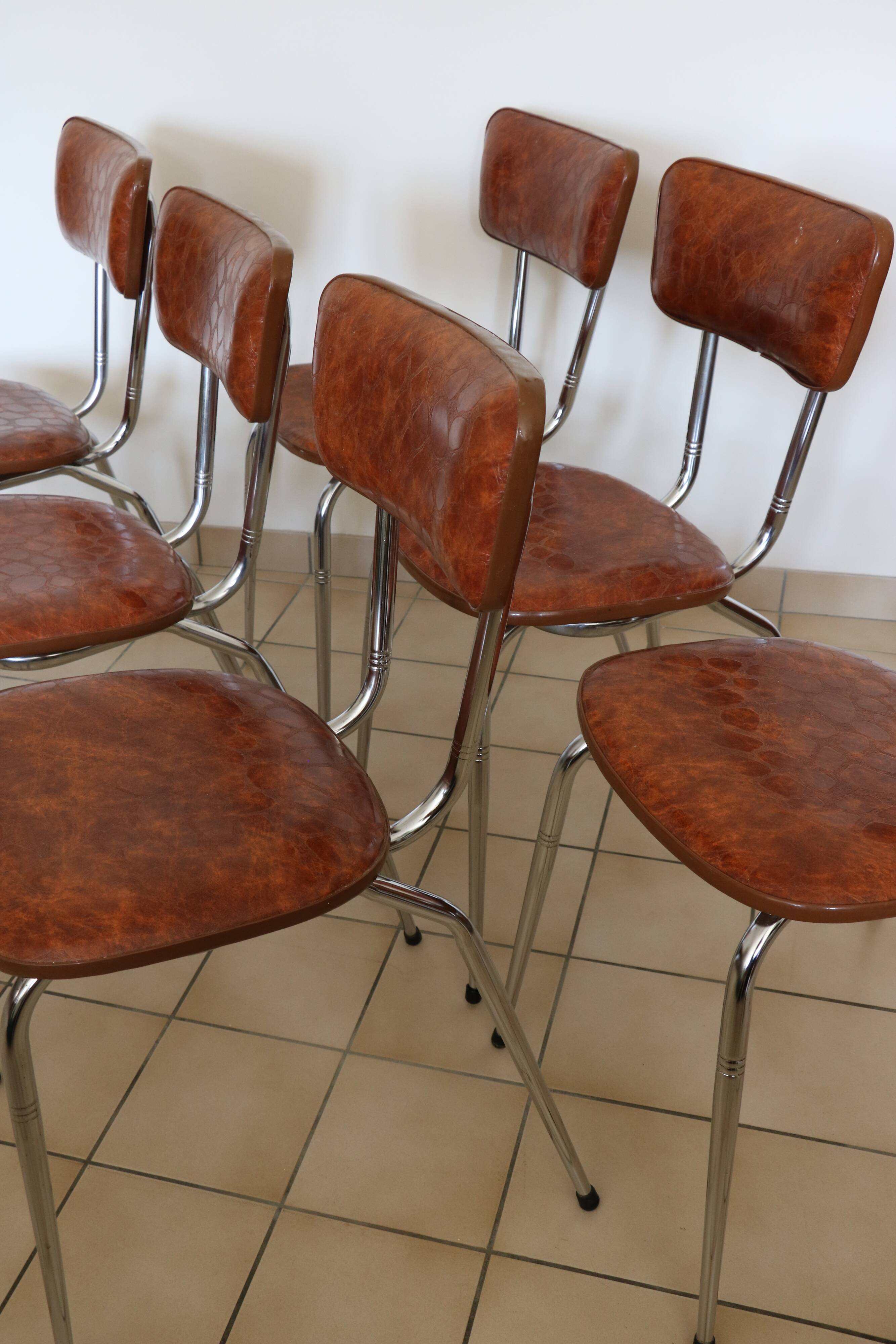 6 brown skai and chrome steel chairs