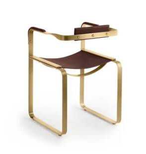 Armchair, aged brass steel and dark brown leather upholstery, contemporary style.