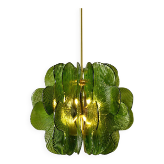 Midmodern Style Italian Brass Pendant Lamp with Bright Green Murano Glass Slabs