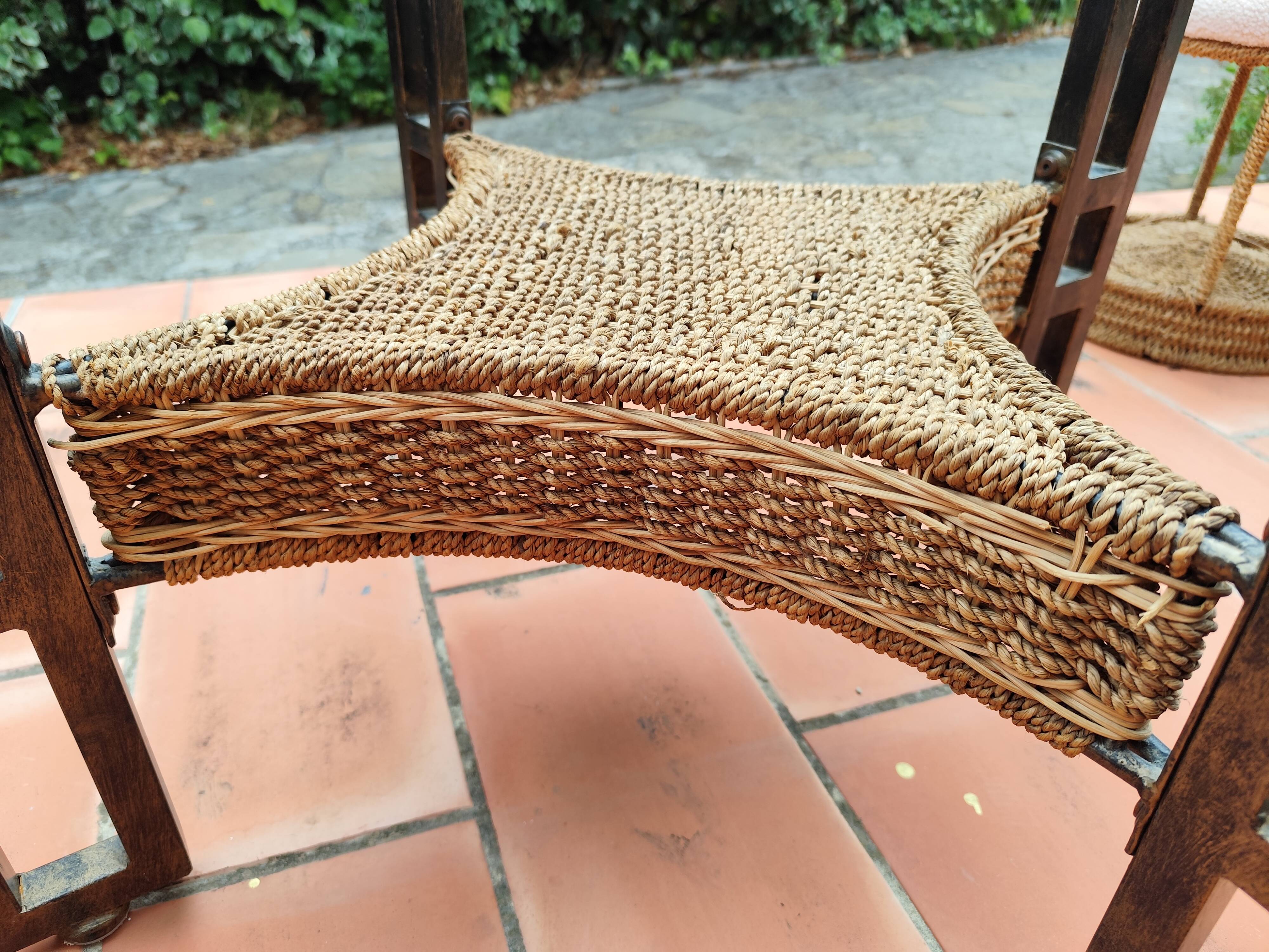 Vintage 1970s rope & rattan coffee table and 4 stools