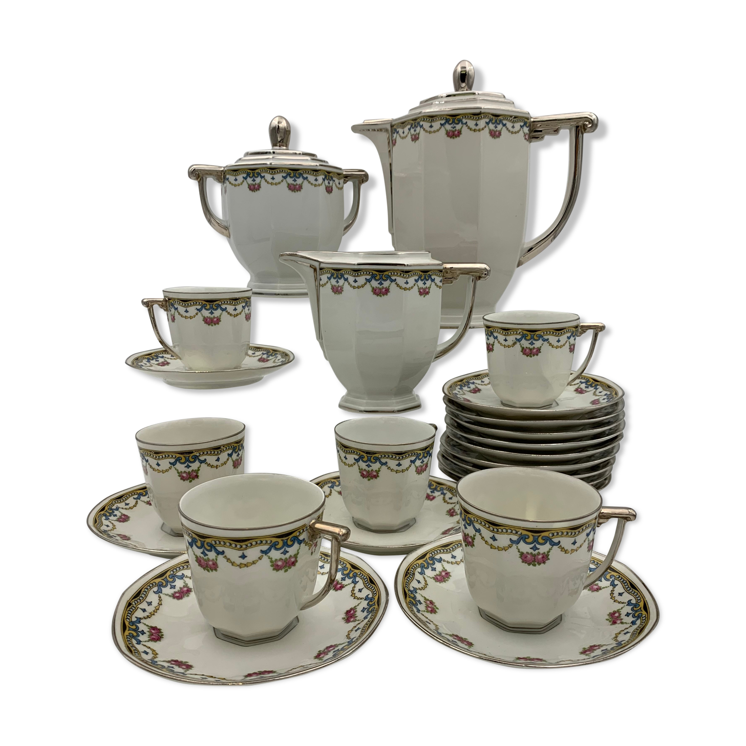 Large porcelain coffee service, 33 pieces, signed RAYNAUD - Cie Limoges - 1940s
