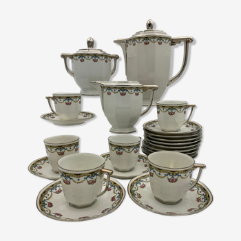 Large porcelain coffee service, 33 pieces, signed RAYNAUD - Cie Limoges - 1940s