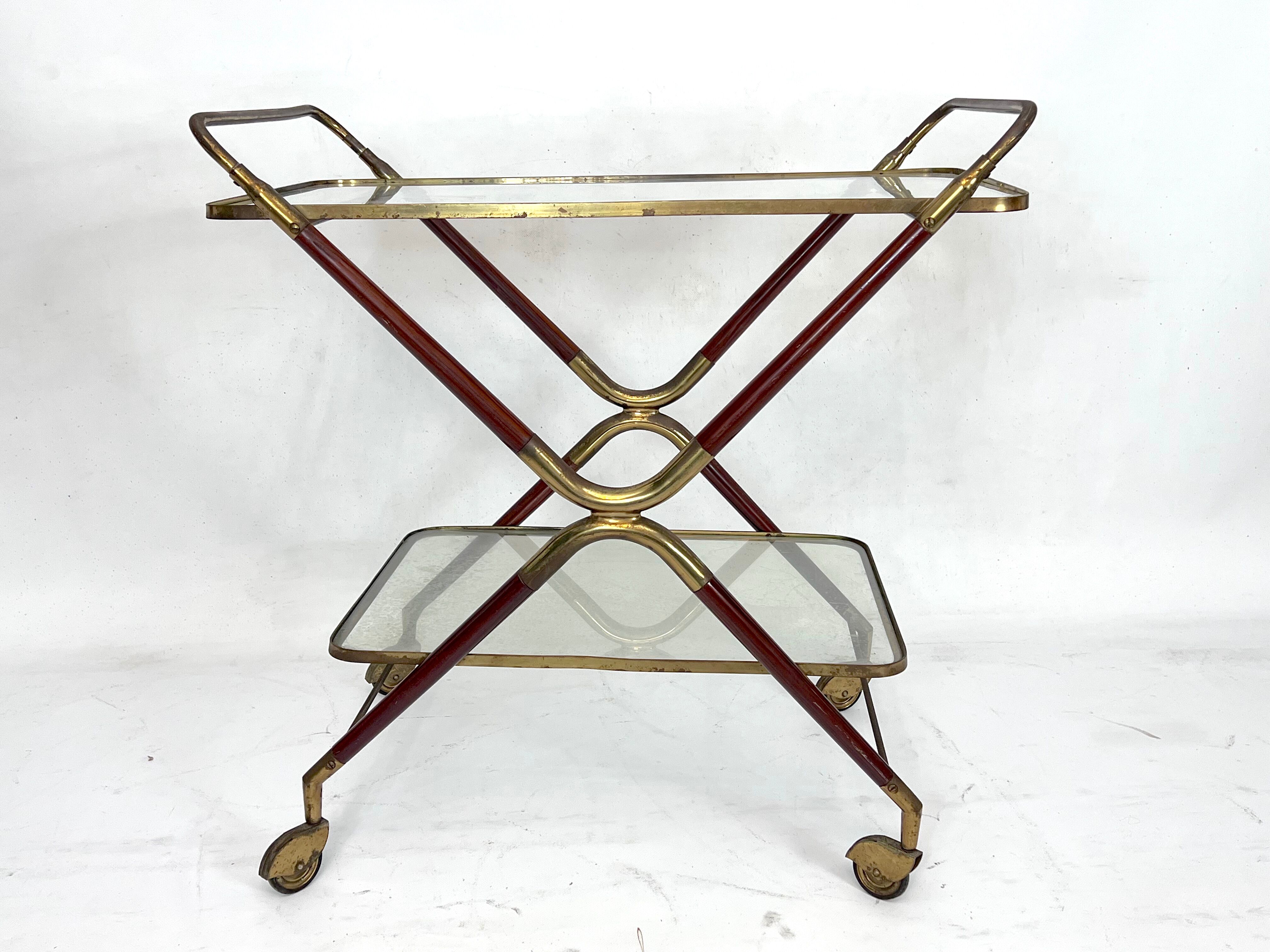 Mid-century brass and wood bar cart, Italy 1950s