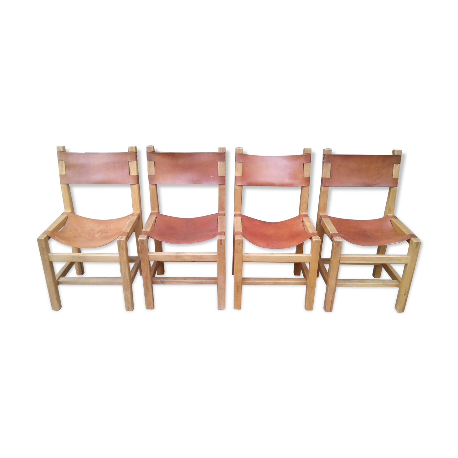 Serie de 4 chaises orme et cuir, maison regain