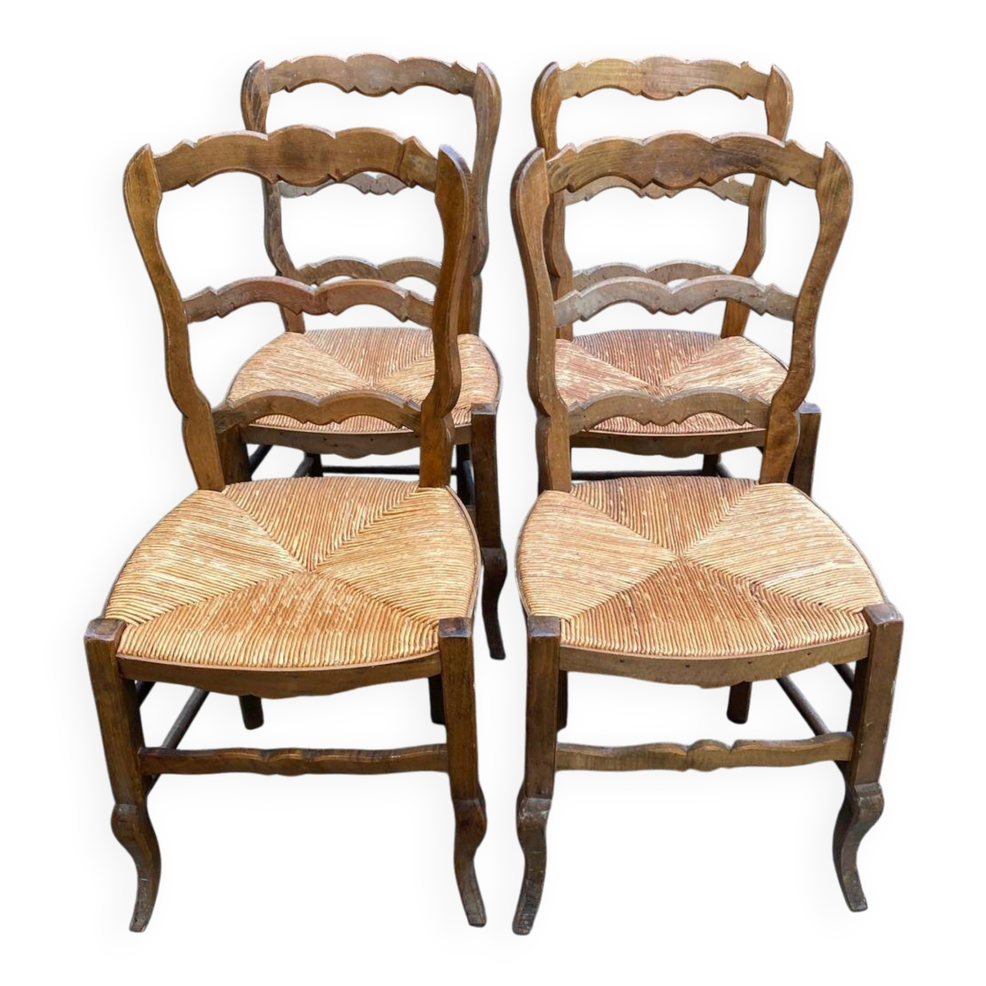 Four Louis XV chairs in solid oak and straw seats, 19th century