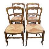Four Louis XV chairs in solid oak and straw seats, 19th century