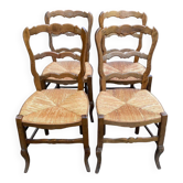4 chaises Louis XV en bois massif chêne et paillées époque 19ème