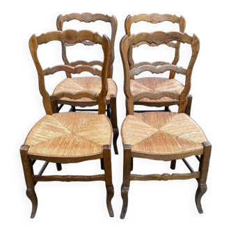 Four Louis XV chairs in solid oak and straw seats, 19th century