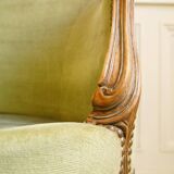 Carved wood & velvet shepherdess armchair
