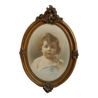 old portrait photography child frame gilded wood stucco antique French photo