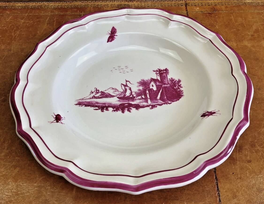 4 old Gien soup plates, pink landscape pattern, 1938/1960