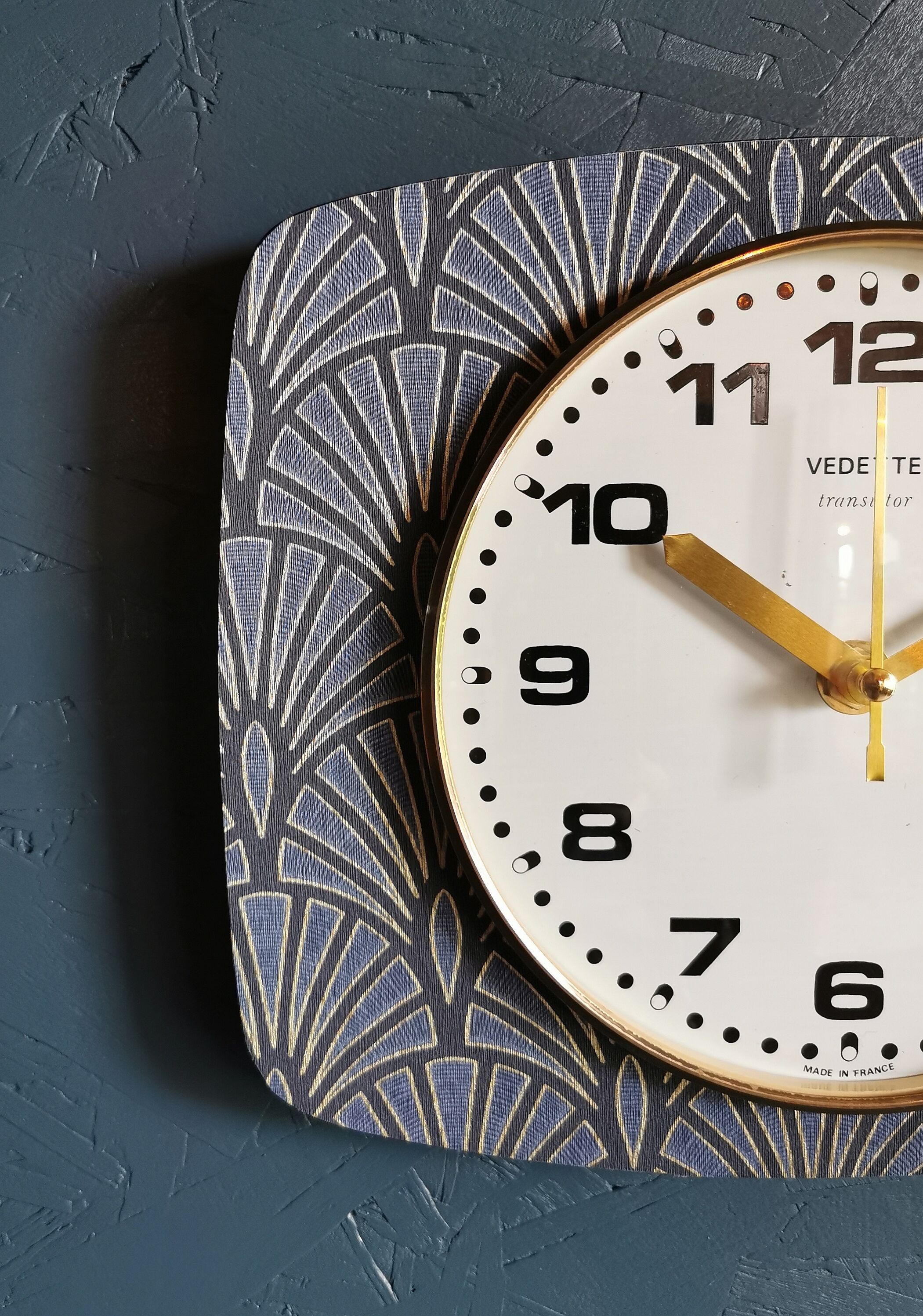 Vintage clock rectangular silent wall clock "Golden Blue Spotlight"