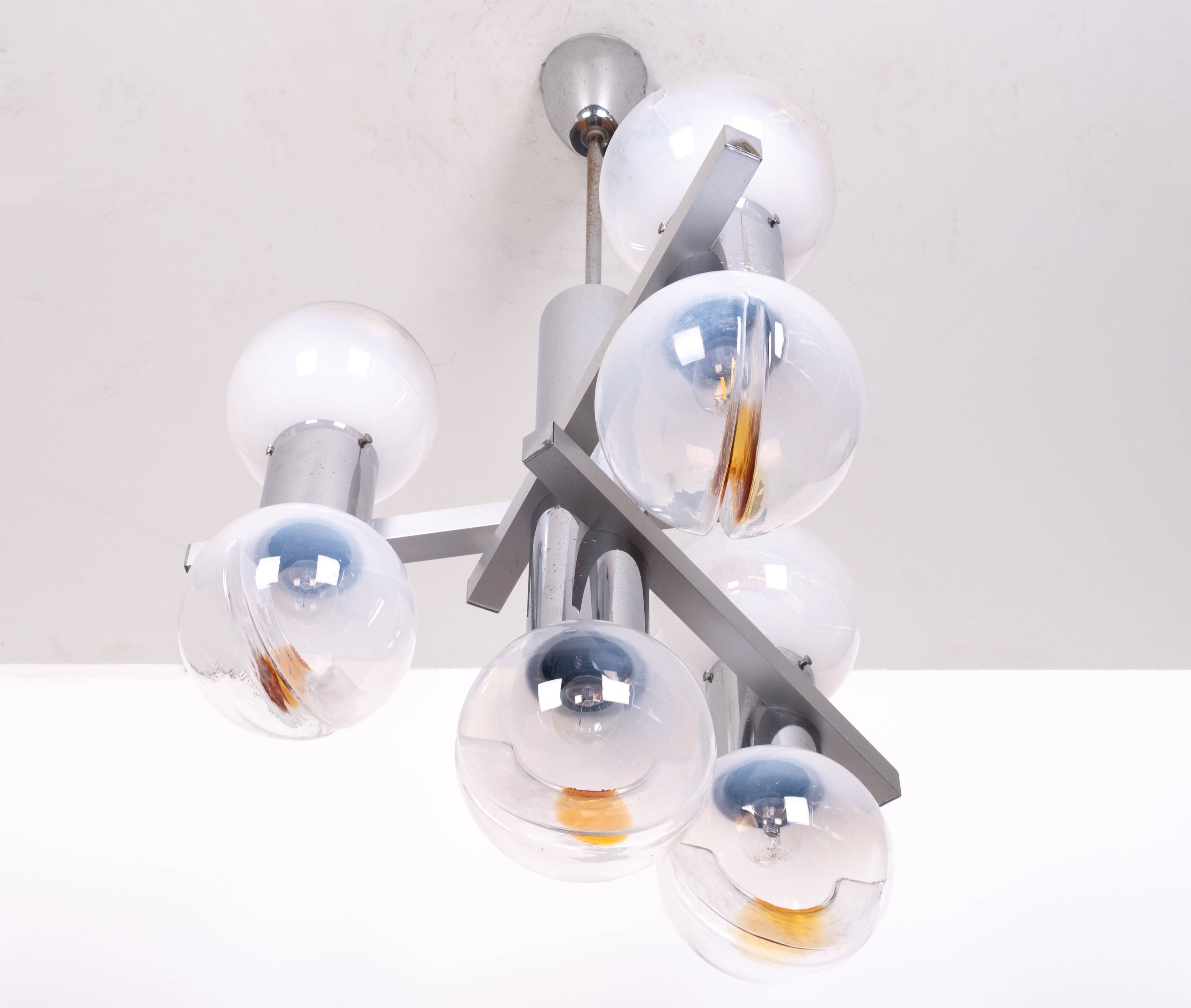 Mazzega Murano Chandelier / Space Age Glass Pendant Light 1970s Italy