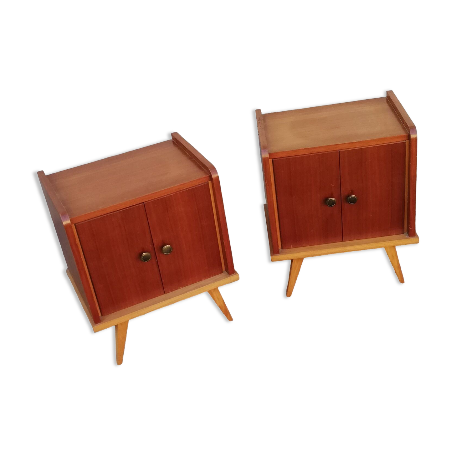 Pair of vintage wooden bedside tables 2 tones