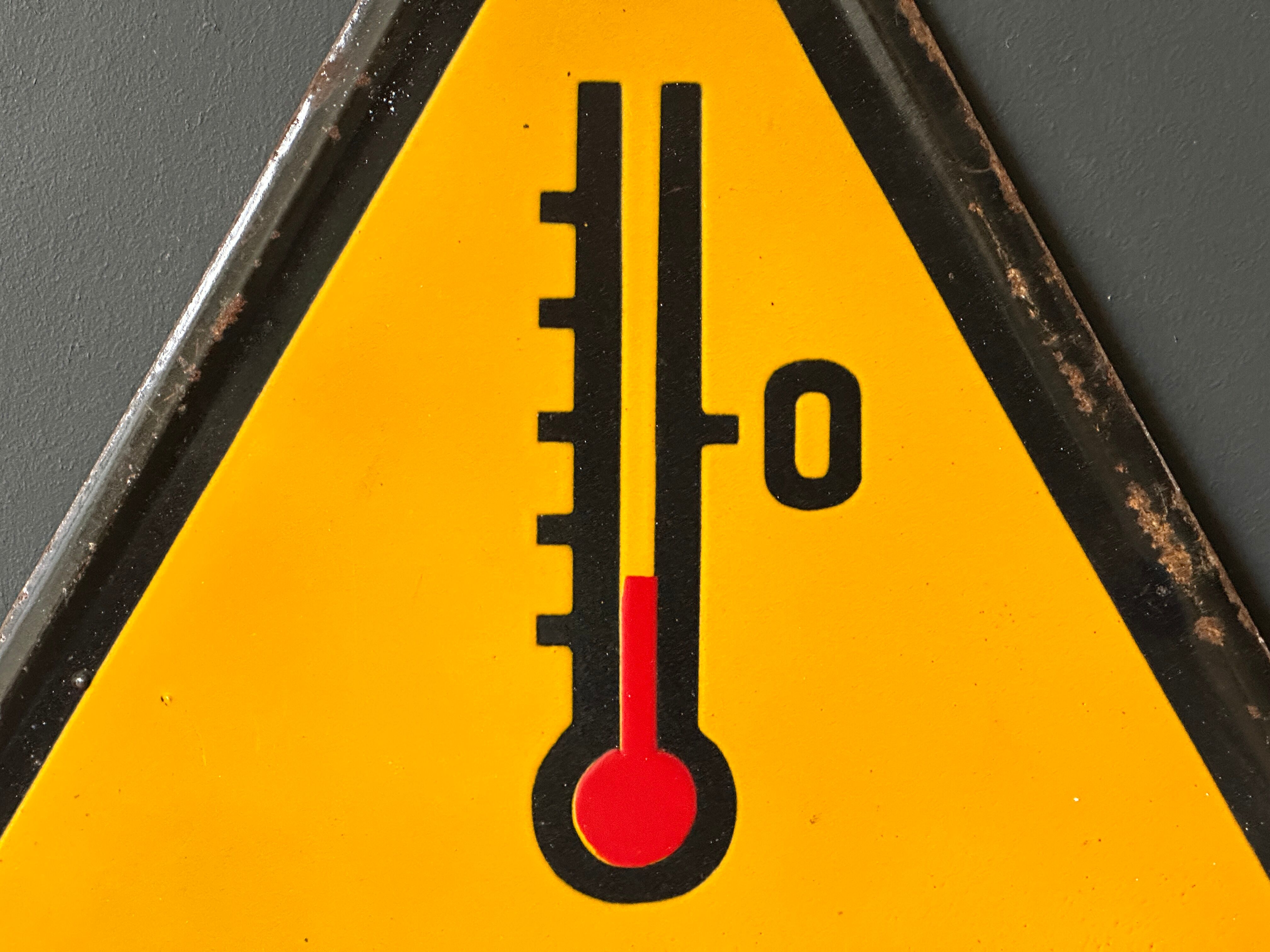 Thermometer yellow warning sign vintage european 1980