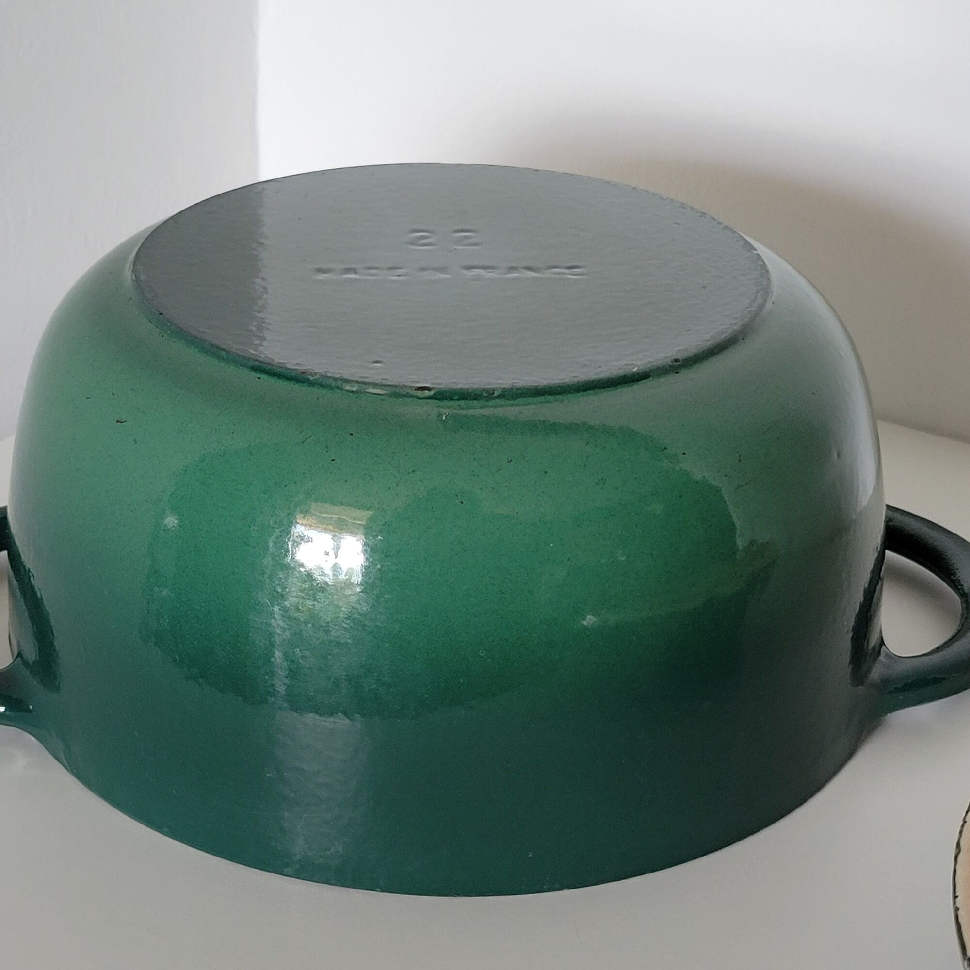 Round green enamelled cast iron casserole Nomar Staub vintage