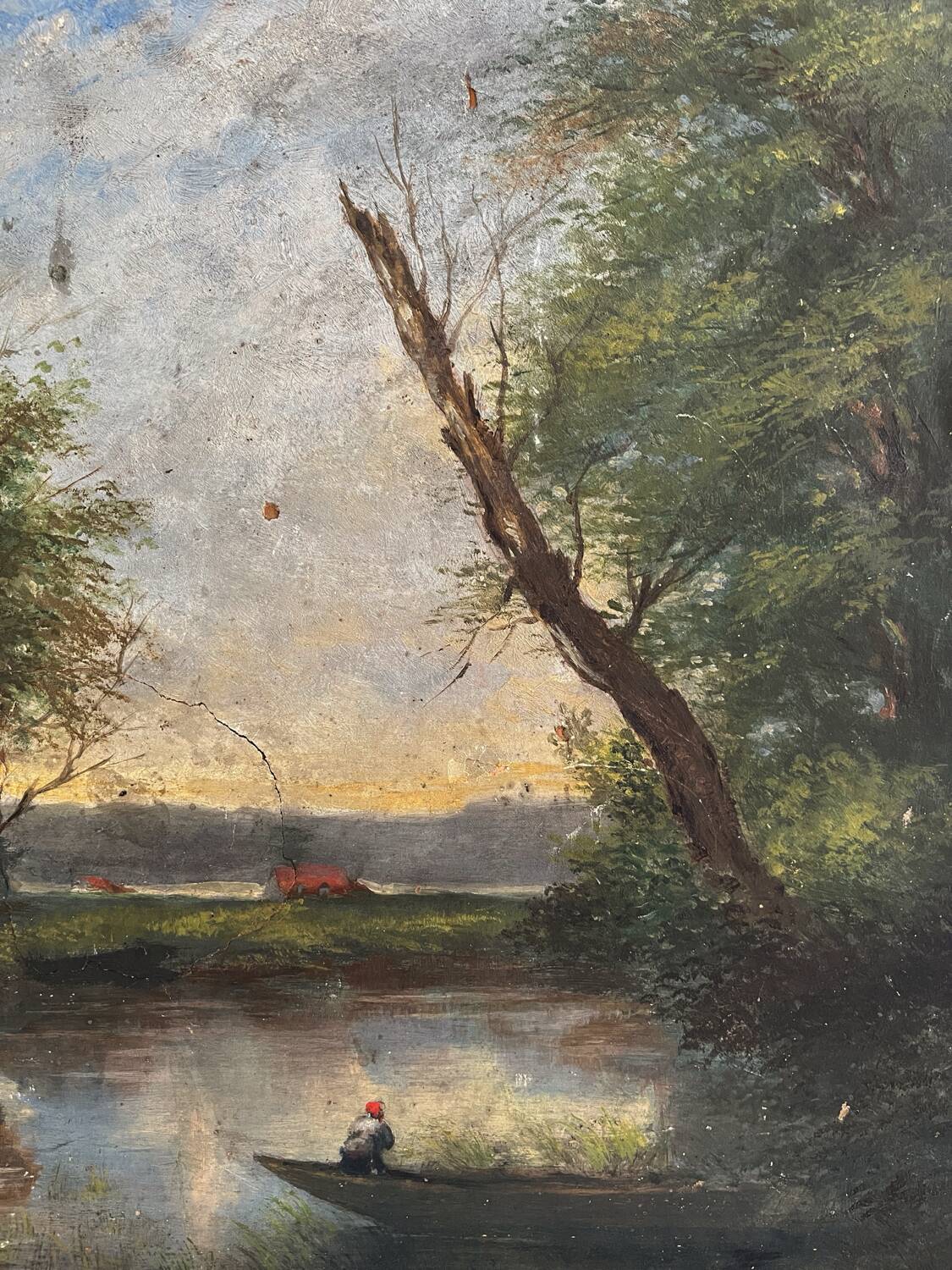 Old oil painting on canvas of a landscape by the pond.