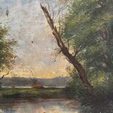 Old oil painting on canvas of a landscape by the pond.