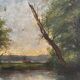 Old oil painting on canvas of a landscape by the pond.