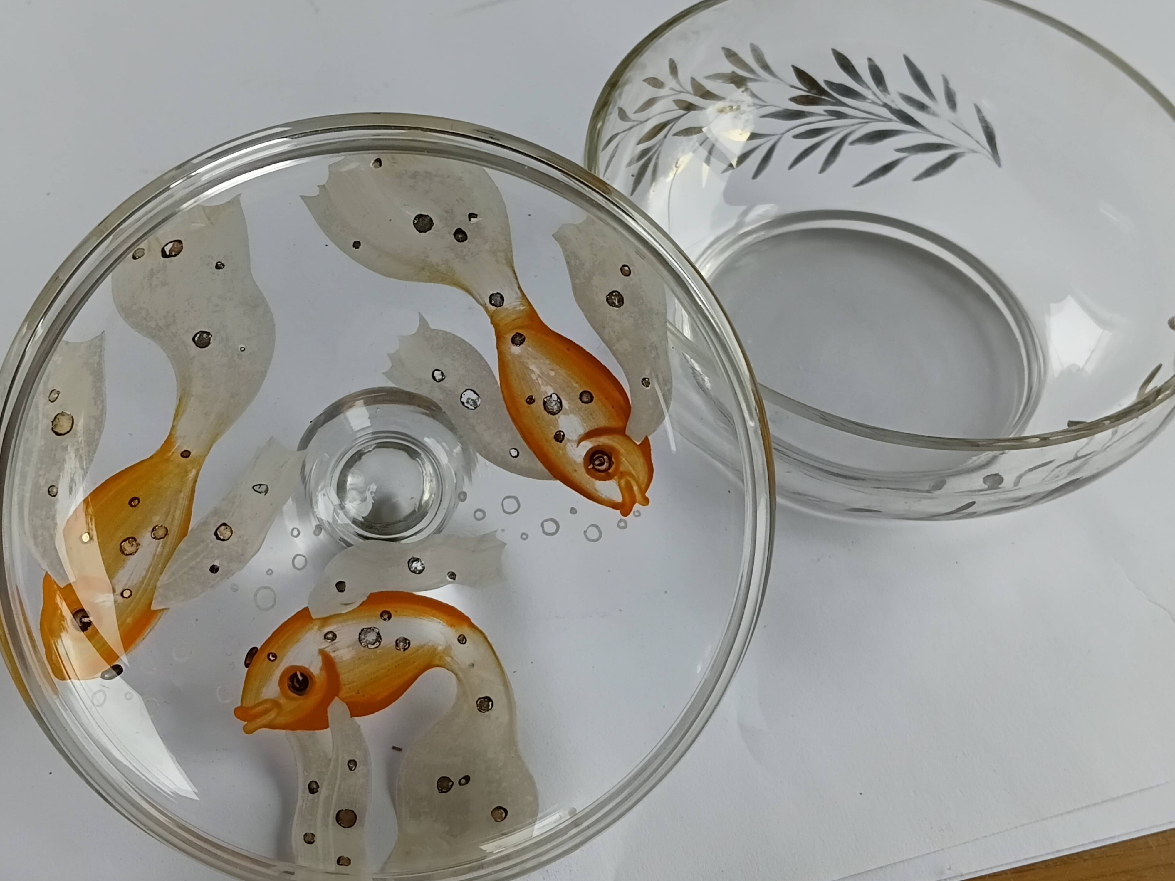 1930s Antique Bohemian Glass Bonbon Dish, Hand blown & painted, Art Deco