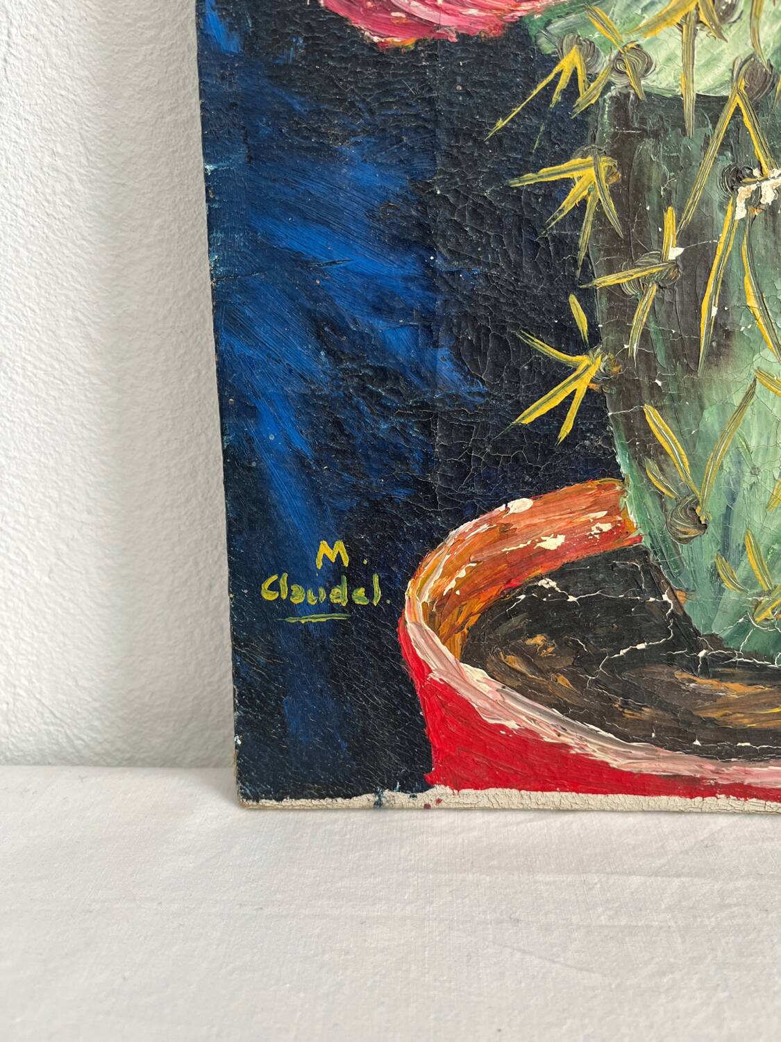 Peinture ancienne huile sur toile cactus signée Claudel