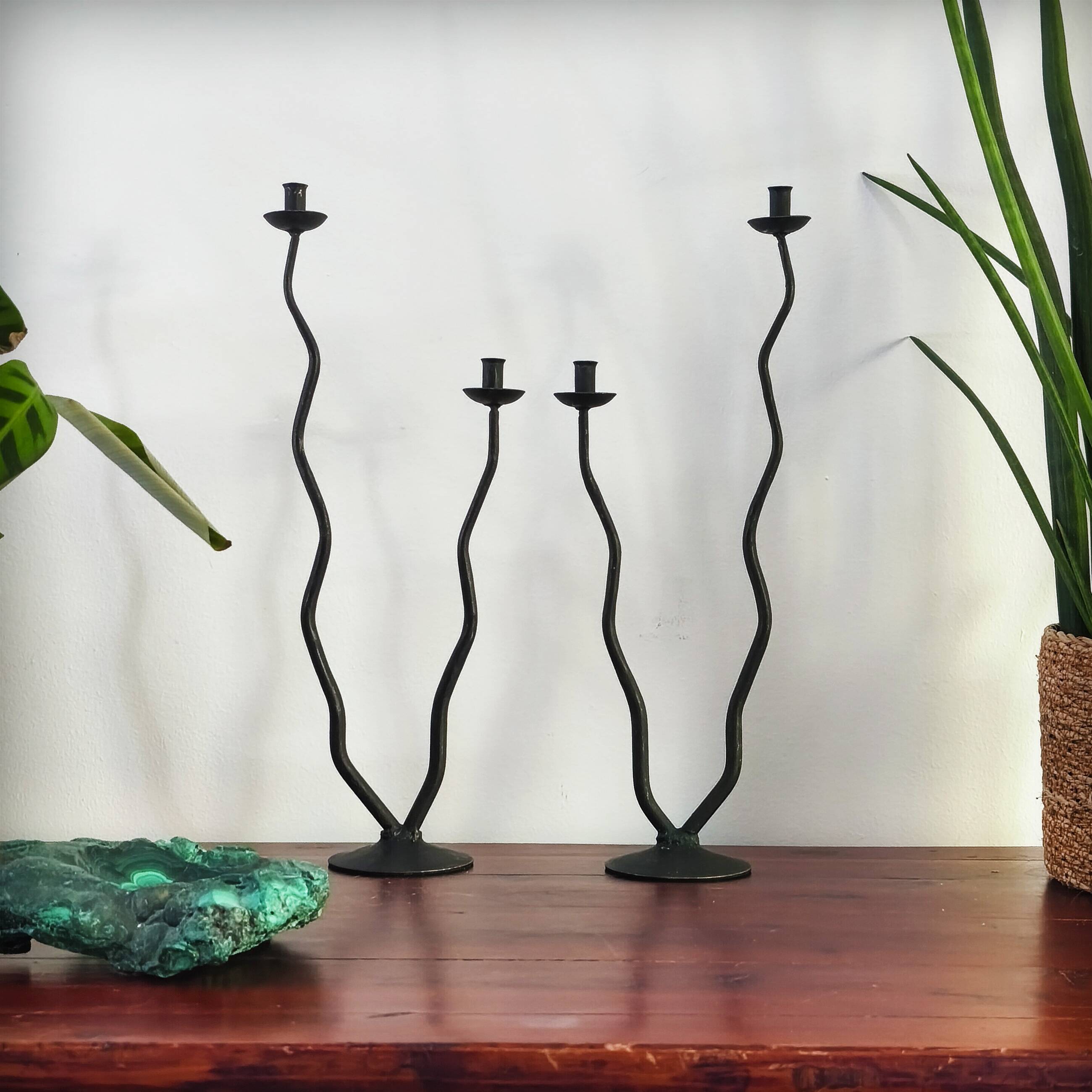 Pair of postmodern brutalist candlesticks in wrought iron, France, 1980s