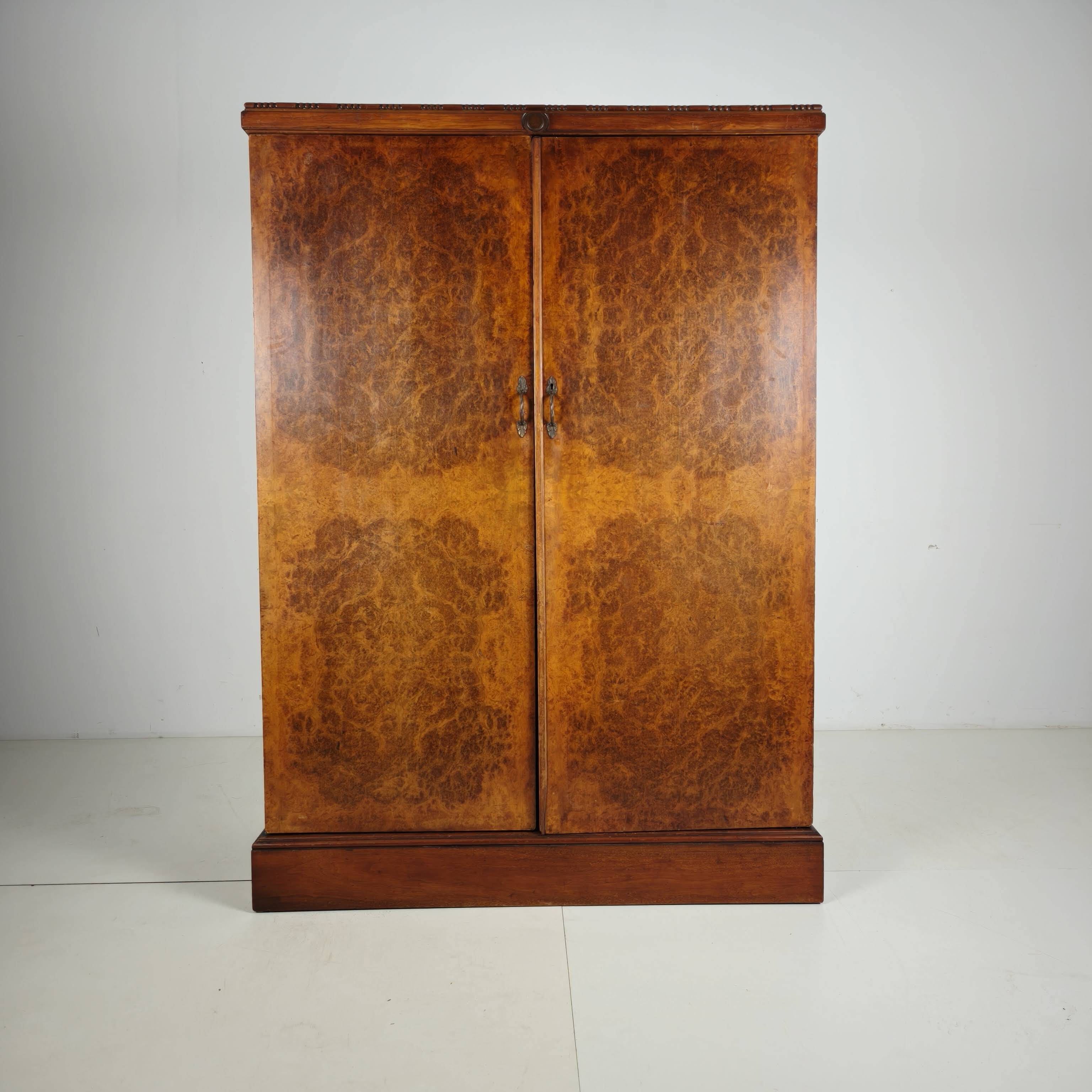 English Art Deco Light Burr Walnut Compactom Gentleman's Wardrobe