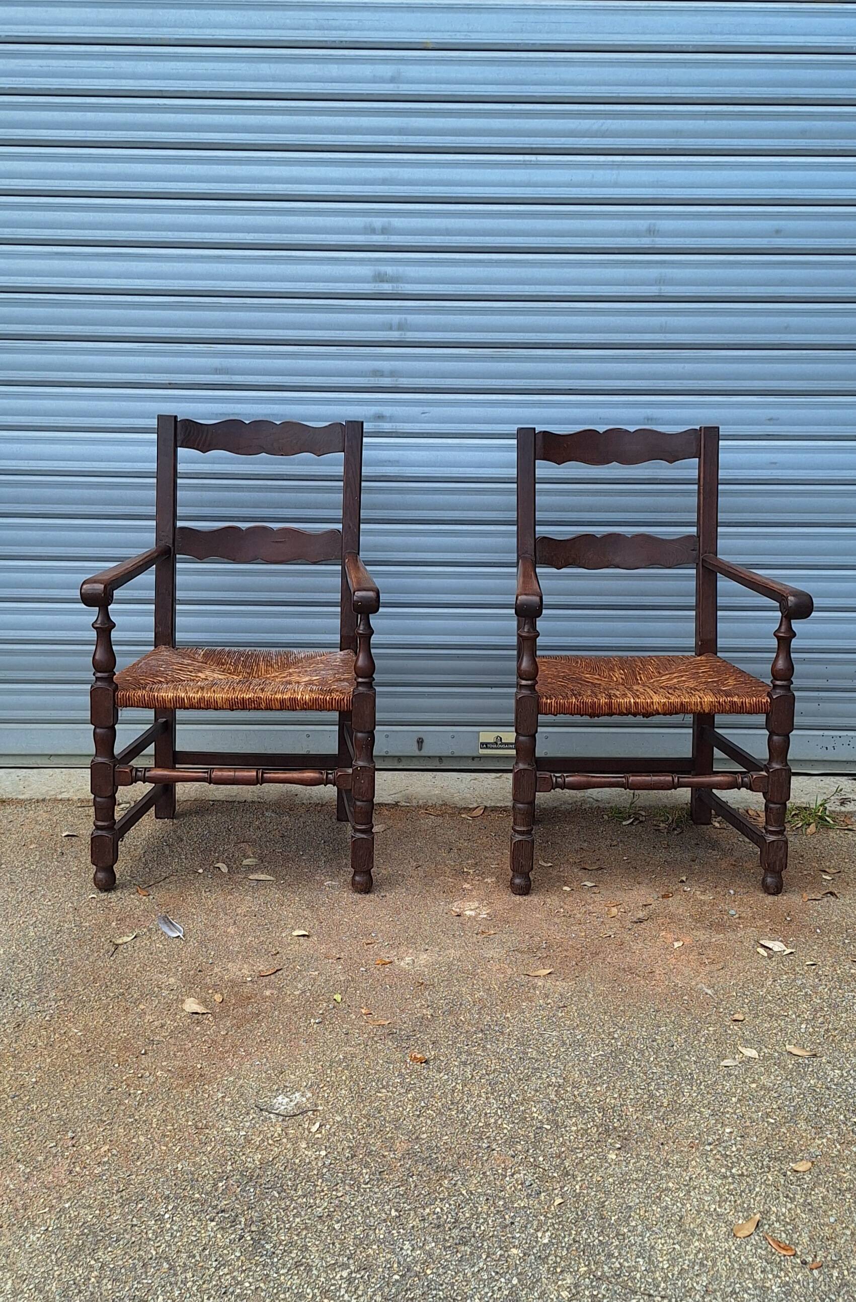 Pair of wooden and straw farmhouse armchairs