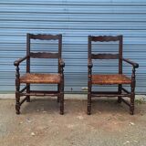 Pair of wooden and straw farmhouse armchairs